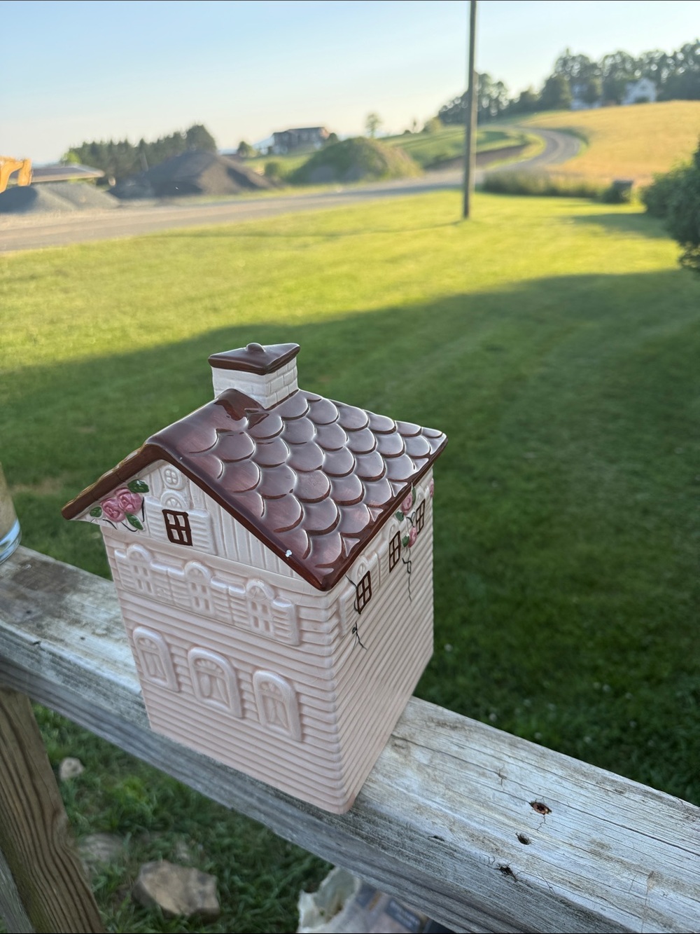 Vintage Pink and Brown Ceramic House Cookie Jar